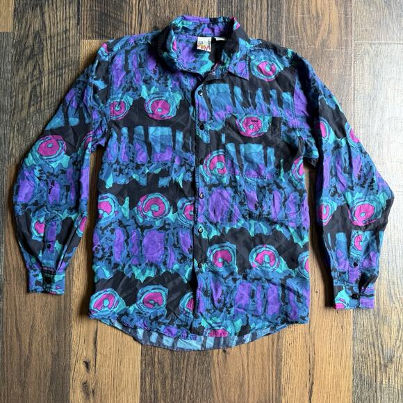 VTG On The Brink 100% Silk Shirt Youth L Abstract Print 80s 90s Colorful Bold - Picture 1 of 6